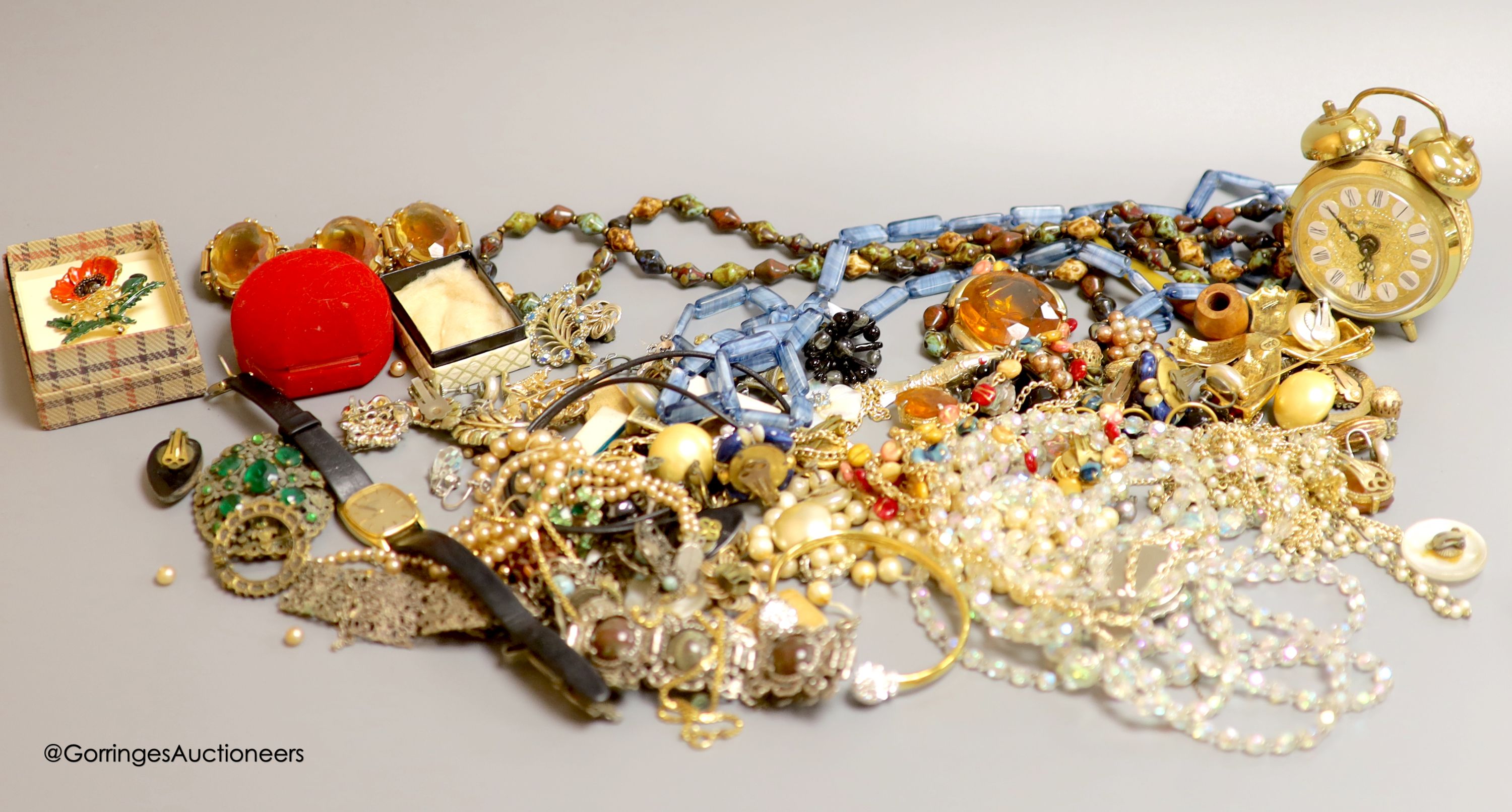 A collection of costume jewellery and other items, including a mother of pearl flower pendant with 9ct suspension